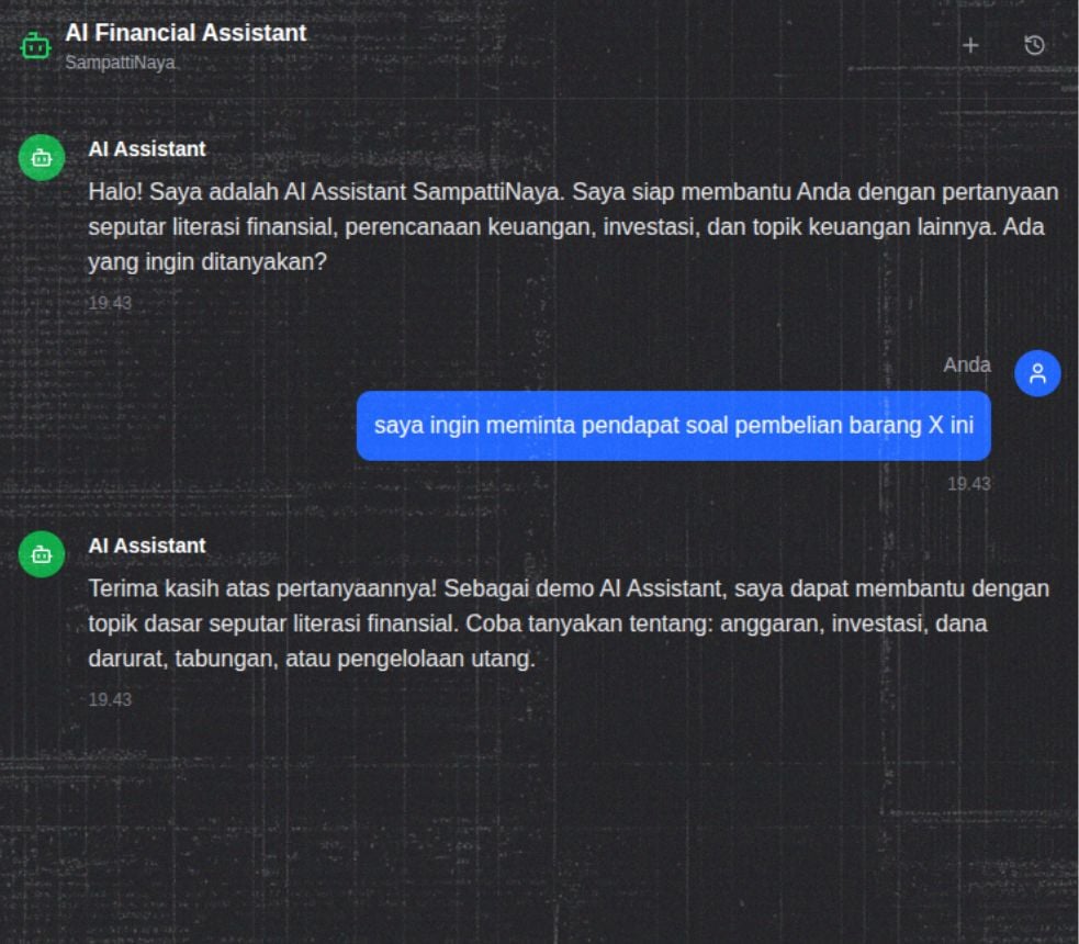 Screenshot AI Financial Mentor memberikan rekomendasi