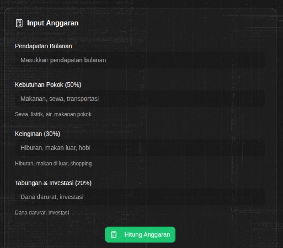 Screenshot simulasi budget dan analisis keuangan